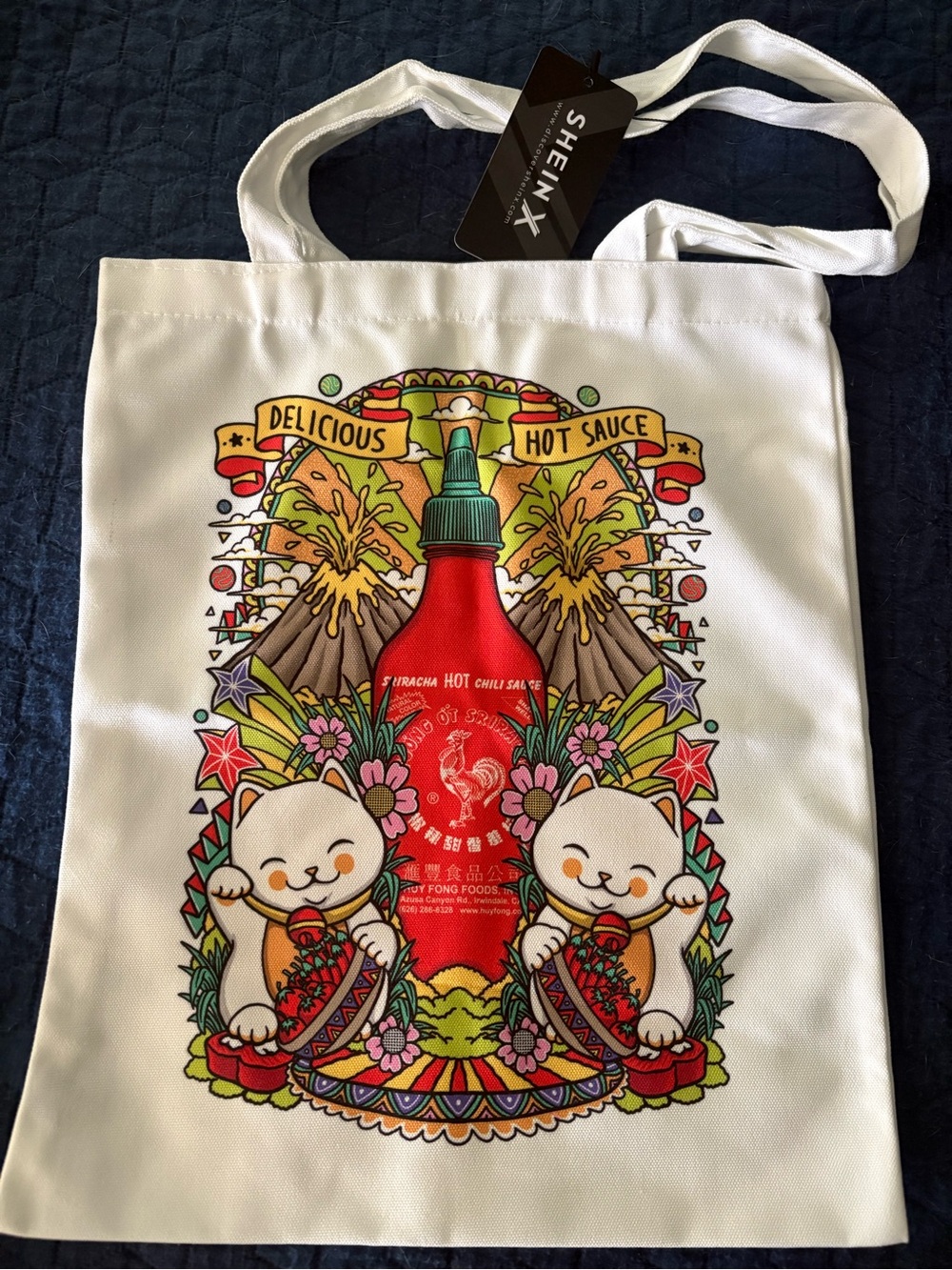 SHEIN White Tote Bag with Multicolor Sriracha Cat Print